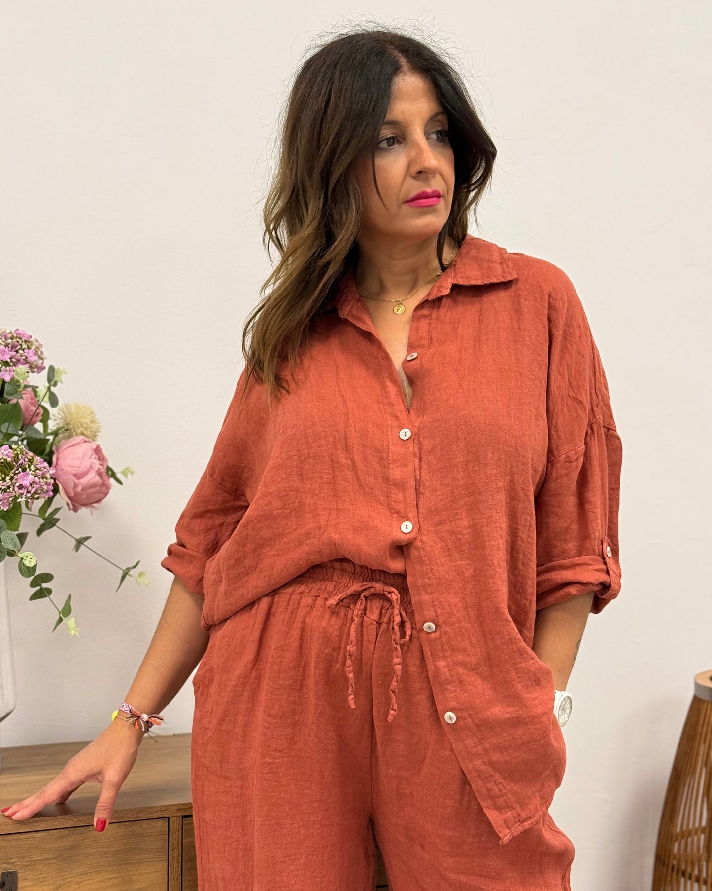 Conjunto de lino teja
