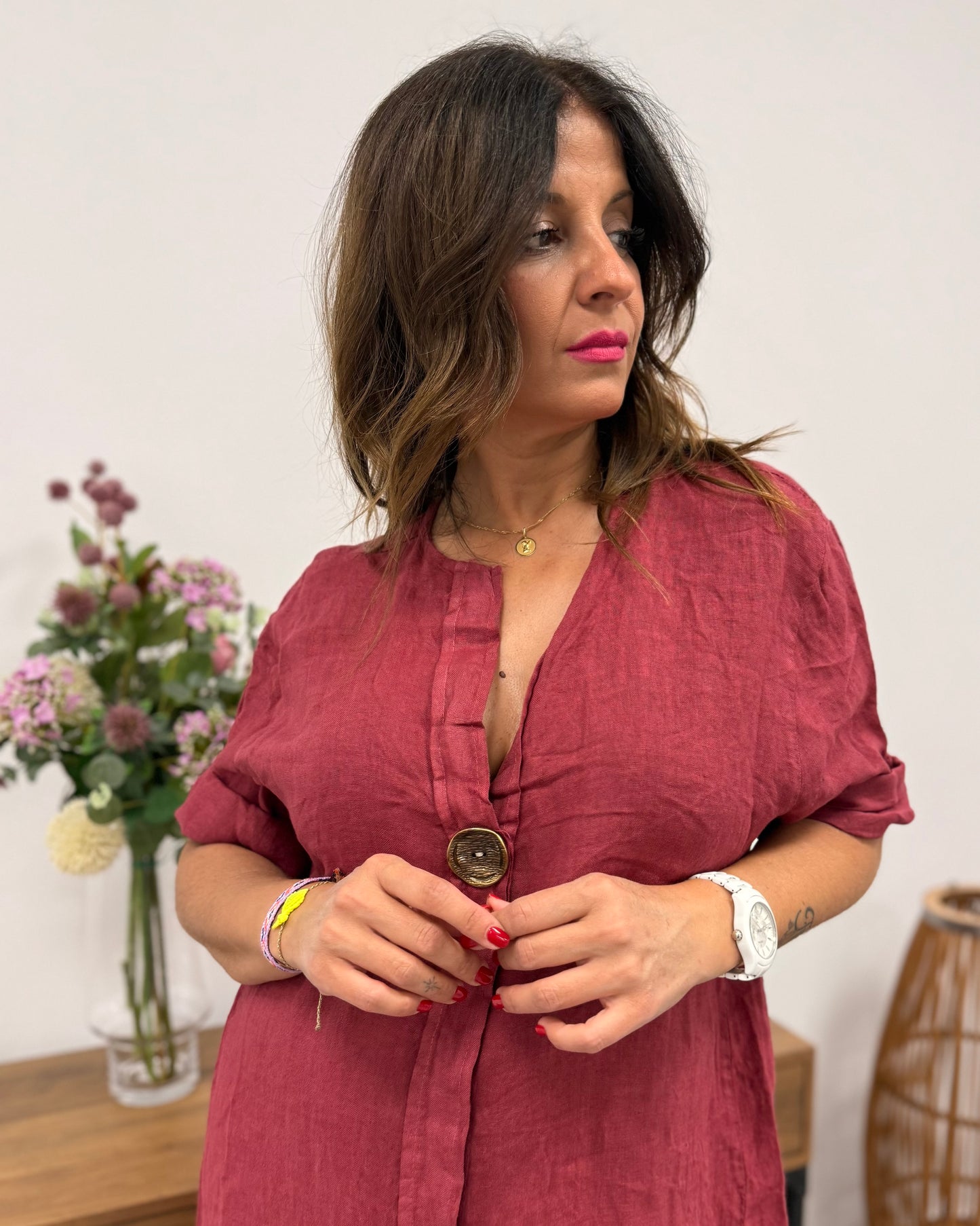 Vestido de lino burdeos
