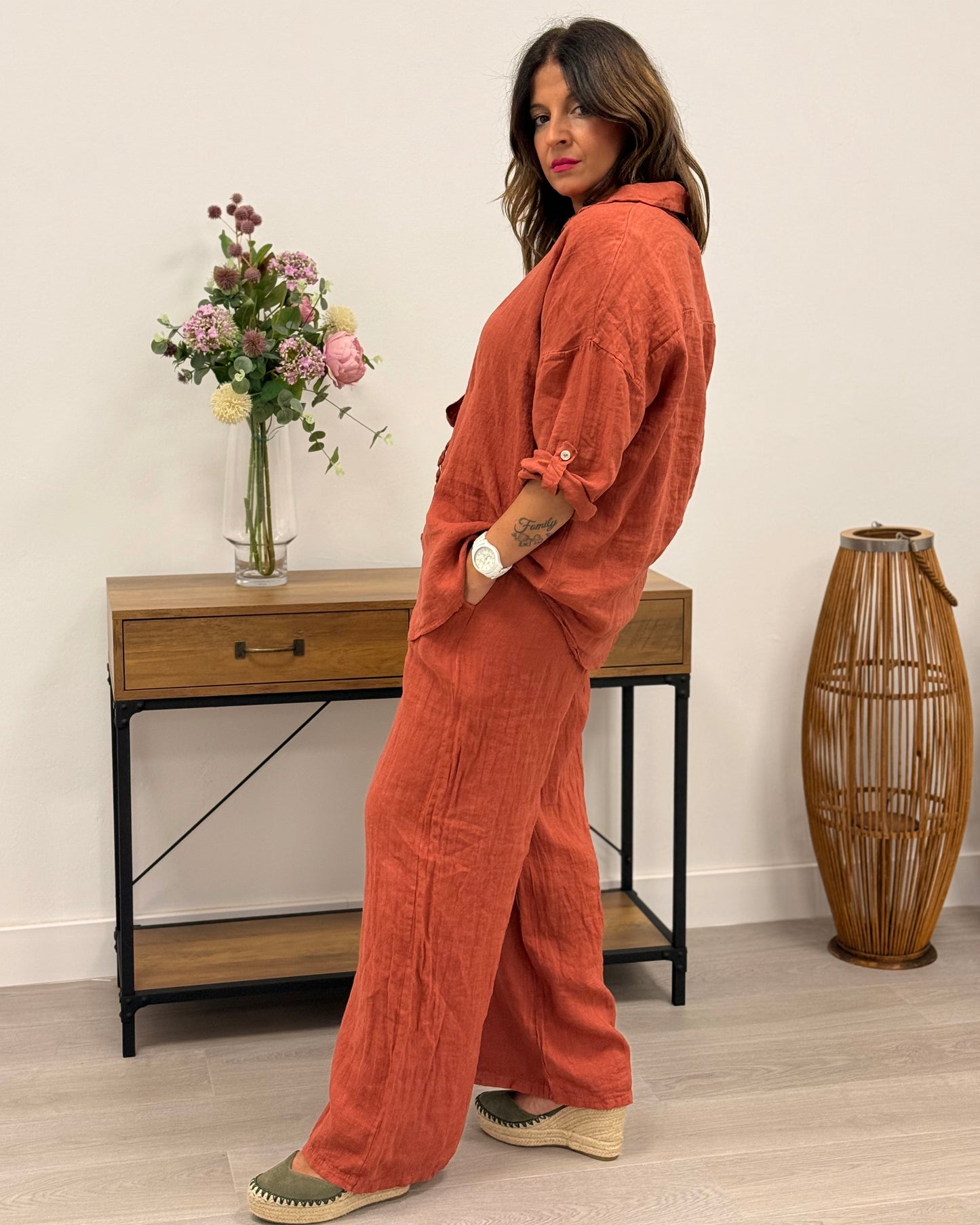 Conjunto de lino teja