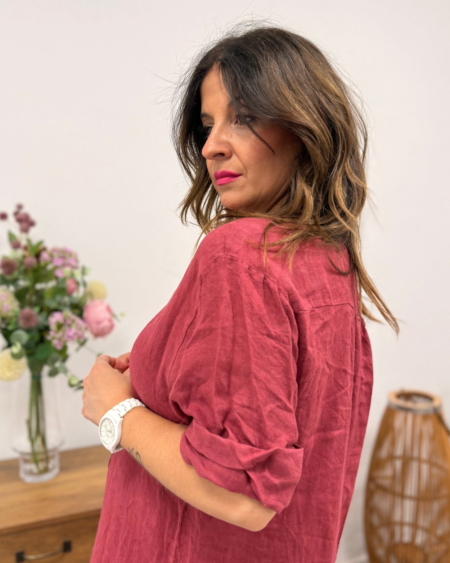 Vestido de lino burdeos