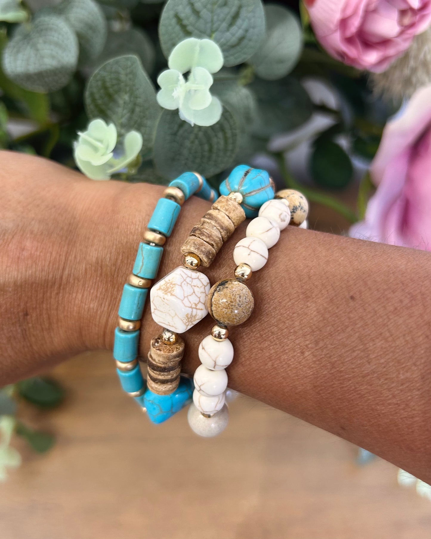 Conjunto pulseras piedra turquesa