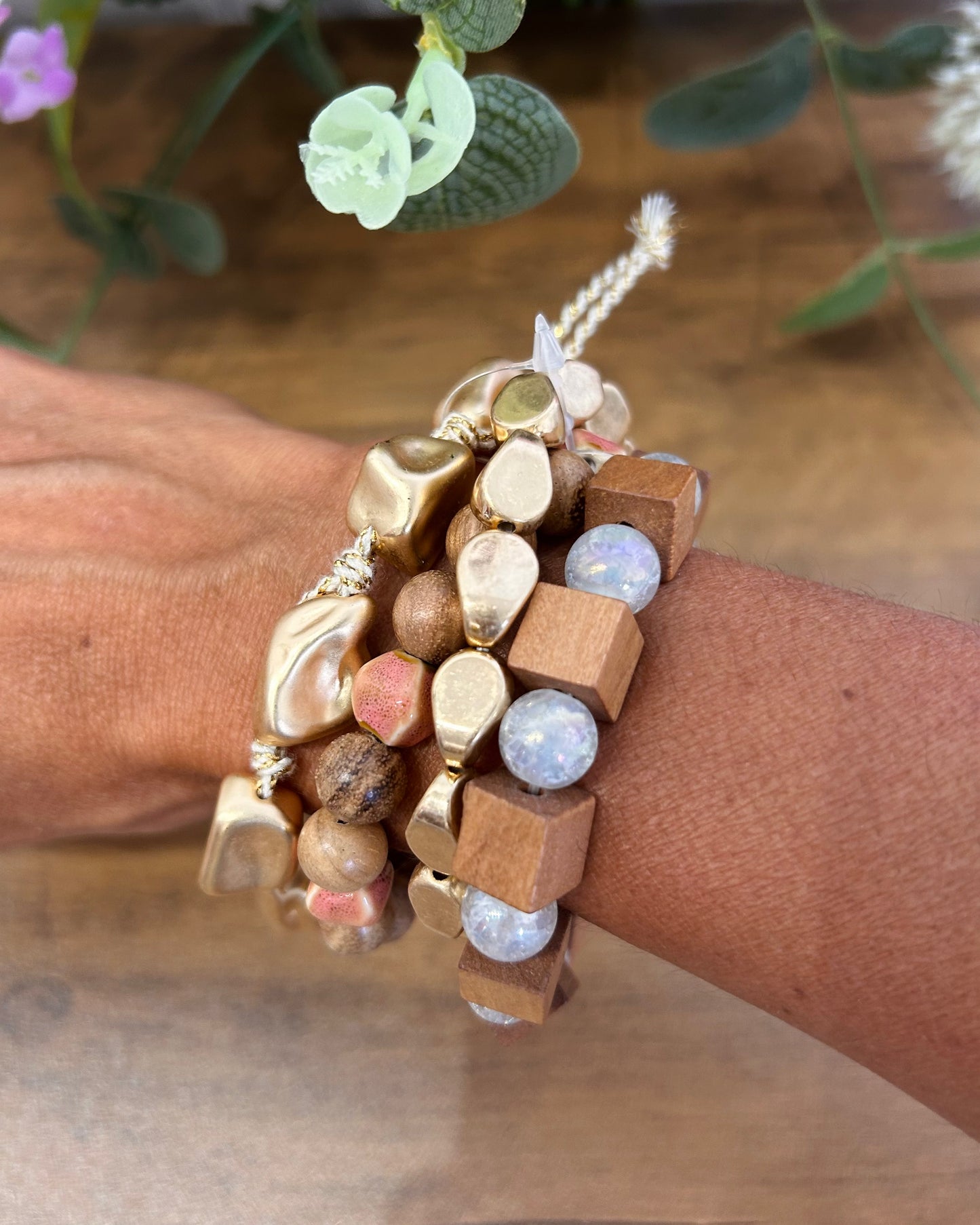 Conjunto de pulsera piedra/madera beige