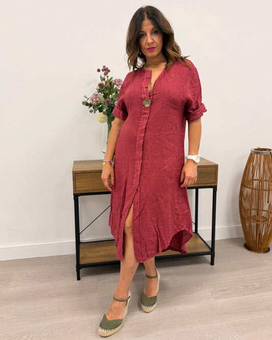 Vestido de lino burdeos