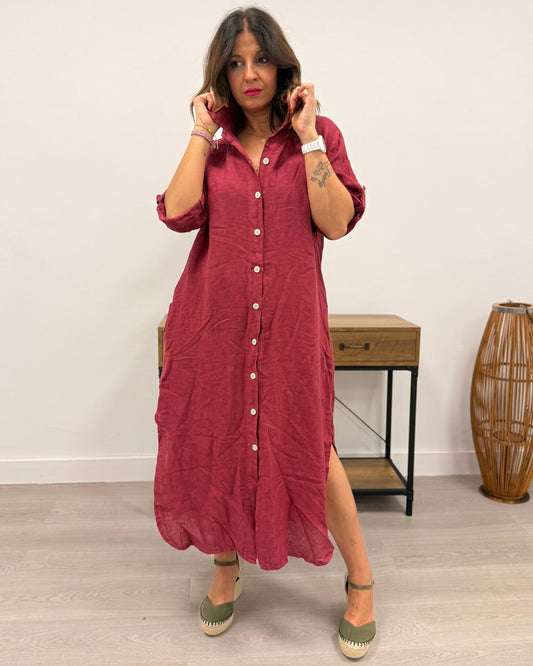 Vestido camisero de lino burdeos