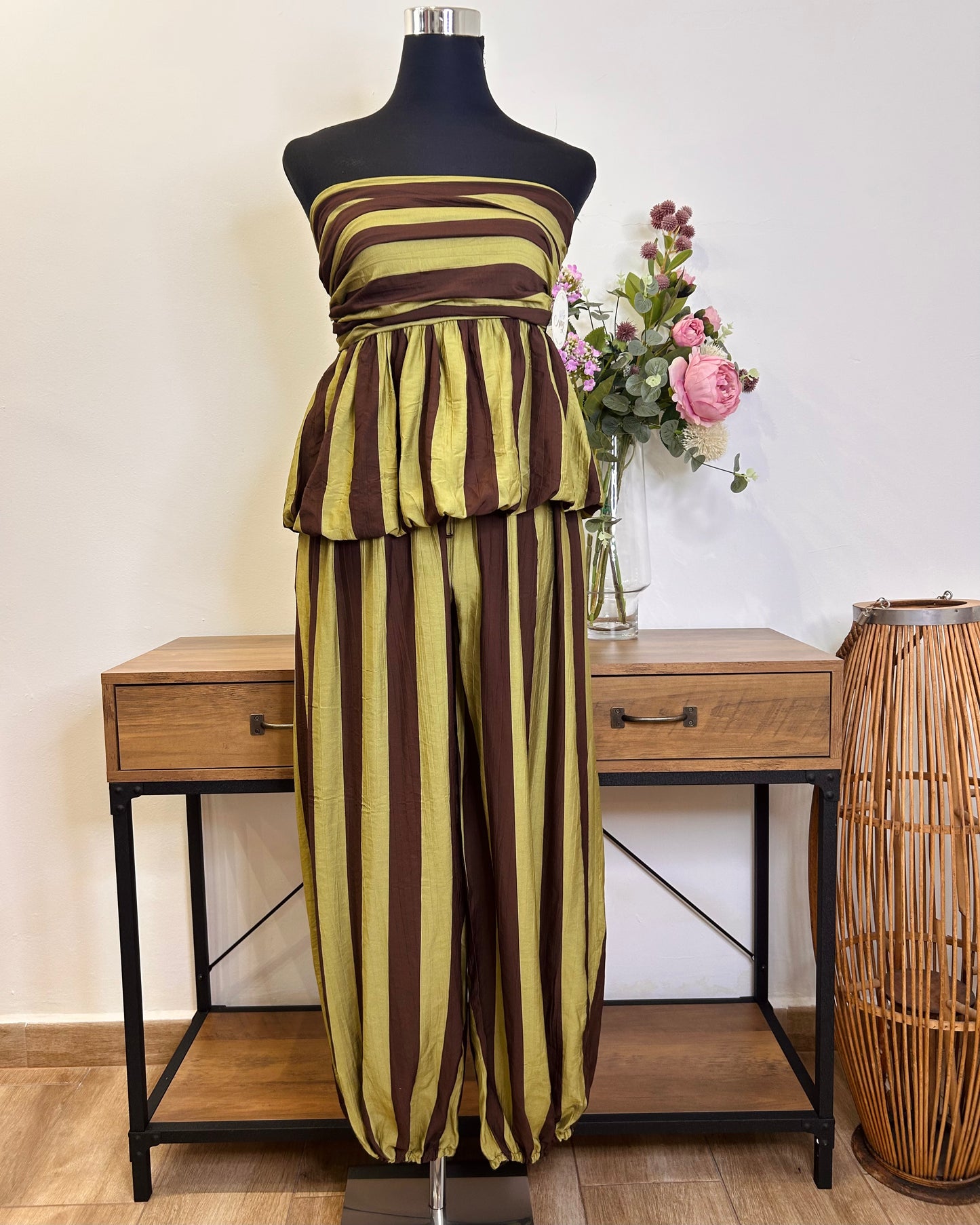 Pantalón raya bombacho marrón/verde