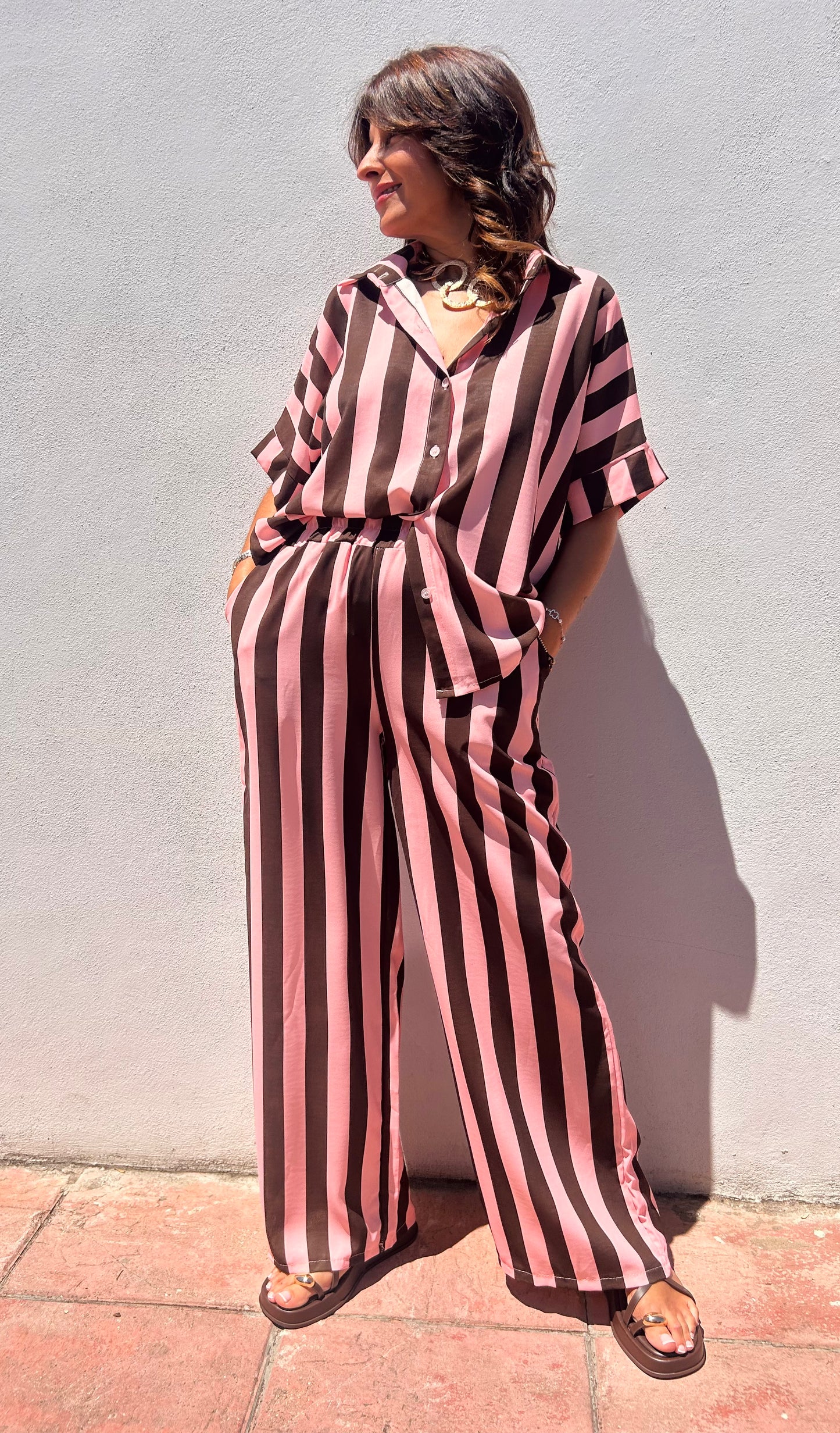 Conjunto rayas marrón y rosa