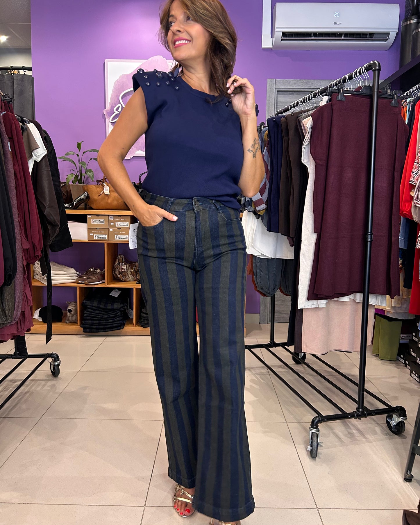 Vaquero wide leg raya verde