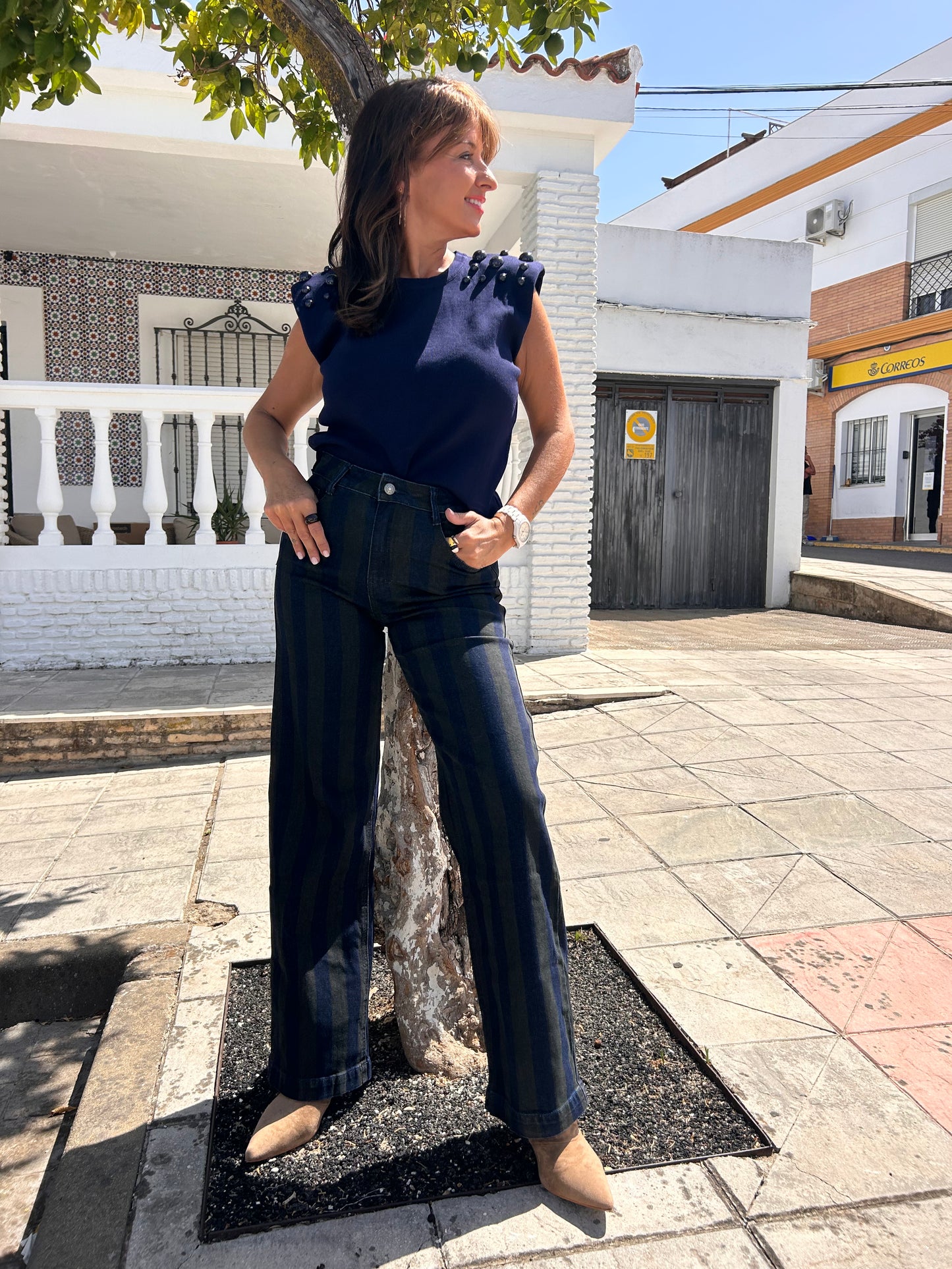 Vaquero wide leg raya verde